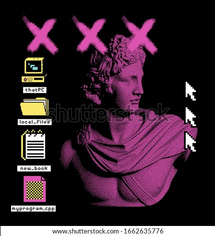 Pixel art ilustration with retro 80's UI elements and statue of Apollo Belvedere. Vaporwave and retrowave style collage.