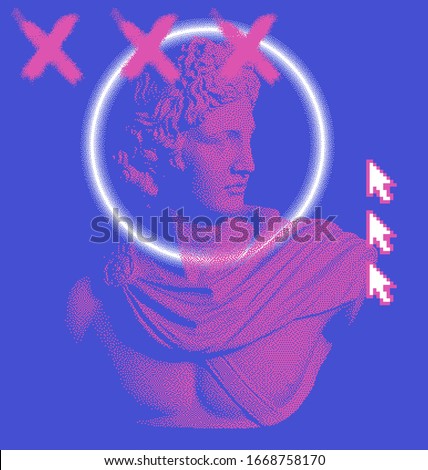 Pixel art ilustration with statue of Apollo Belvedere. Vaporwave and retrowave style collage.