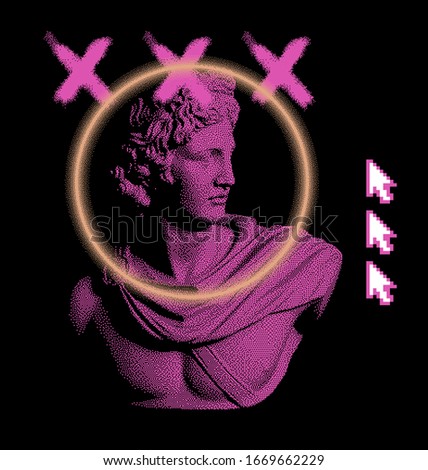 Pixel art ilustration with statue of Apollo Belvedere. Vaporwave and retrowave style collage.