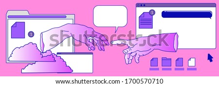 Surreal vaporwave style collage with two hands going to touch together and user interface elements, frames, file icons and windows.