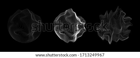 Set of spheres made of particles and wavy lines, fluid geometric shapes. Technology and science abstract illustration.