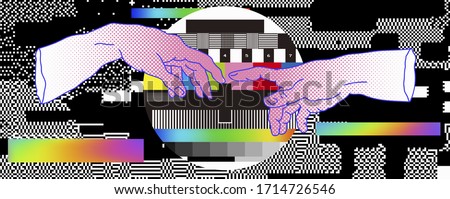 The Creation of Adam on No Signal TV backgound. Vaporwave style Collage with hand drawn illustration from a section of Michelangelo's fresco Sistine and RGB Bars with VHS glitch effect.