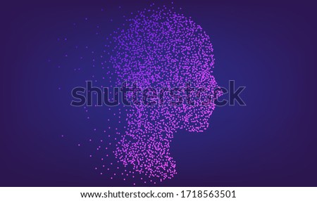 Silhouette of a human head made of dots and particles. Conceptual image of AI (artificial intelligence), VR (virtual reality), Deep Learning and Face recognition systems.