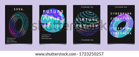 Set of vaporwave and synthwave style posters with binary code and 3d figures. Collection of futuristic cyberpunk covers for music, hackathon or science event.