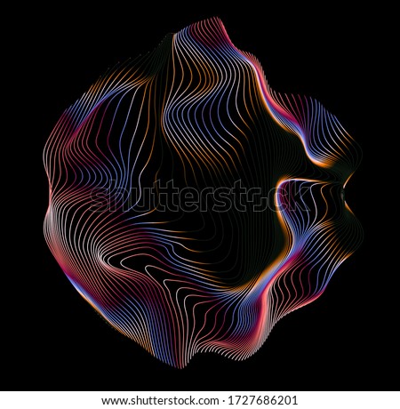 Illuminated holographic circle with glitched texture made by generative algorithm. Retrofuturistic illustration in 80s-90s synthwave and retrowave chromatic spectrum colors.