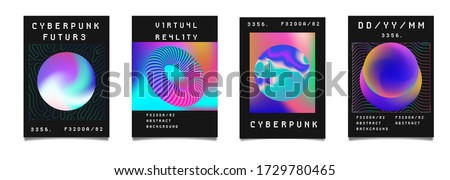 Set of synthwave style posters with geometric composition. Collection of futuristic cyberpunk covers for Information technology, biology and science events.