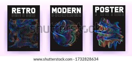 Set of retrofuturistic posters with holographic chromatic shapes in rainbow colors. Synthwave and vaporwave style covers for music party event and club invitation.