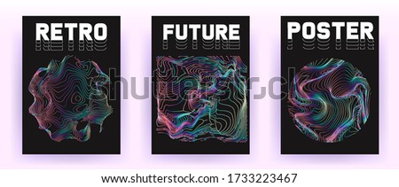 Set of retrofuturistic posters with holographic chromatic shapes in rainbow colors. Synthwave and vaporwave style covers for music party event and club invitation.