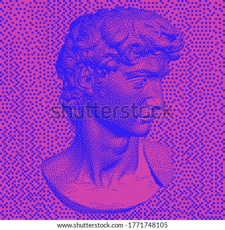 Classical bust sculpture. 3D rendering of Michelangelo's David head in pixel art retro 8-bit style. Retrofuturistic vaporwave aesthetics of 80's-90's.