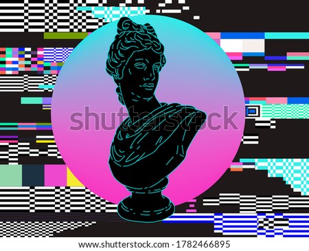 Cyberpunk style collage with gypsym bust of Apollo on glitched background Surreal vaporwave and retrowave illustration in neon vibrant colors.