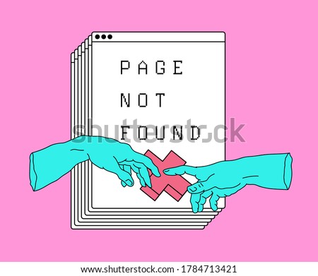 Page not found design template. Conceptual line art illustration with two hands going to touch together and multiple tabs on the background.