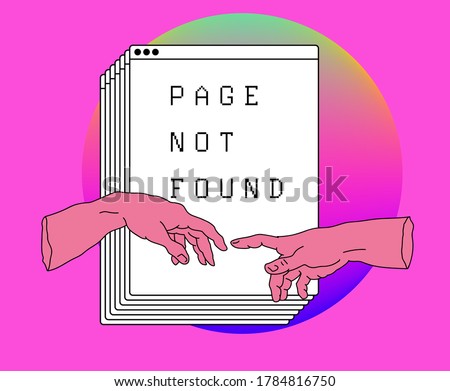 Page not found design template. Conceptual line art illustration with two hands goind to touch together, multiple tabs on the background.