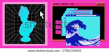 Cyberpunk style collage with user interface elements, gypsum bust and picture of ocean waves. Conceptual vector illustration of virtual reality and the internet surfing.