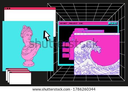 Cyberpunk style collage with user interface elements, gypsum bust and picture of ocean waves. Conceptual vector illustration of virtual reality and the internet surfing.