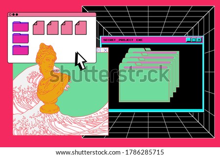 Cyberpunk style collage with user interface elements, gypsum bust and picture of ocean waves. Conceptual vector illustration of virtual reality and the internet surfing.