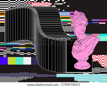 Cyberpunk and vaporwave style collage with gypsum bust and user interface elements.