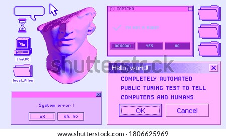 Set of user interface elements in vintage retrowave style. Collection of illustrations for stickers and patches.