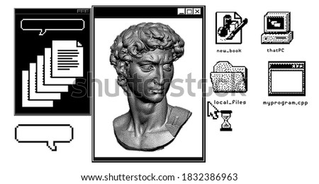 Pixel art ilustration with marble sculpture, David head bust. Vaporwave and retrowave style collage, postmodern aesthetics 