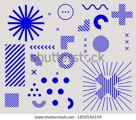 Bauhaus inspired graphic design collection with vector abstract elements, lines and bold geometric shapes, useful for poster art, front page design, wall decorative prints.