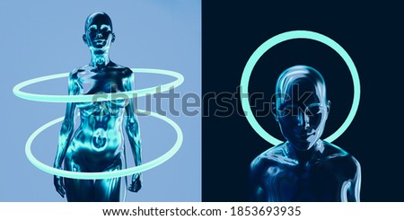 Surreal 3D illustration of Artificial Human, Cyber Godheads with neon halos.