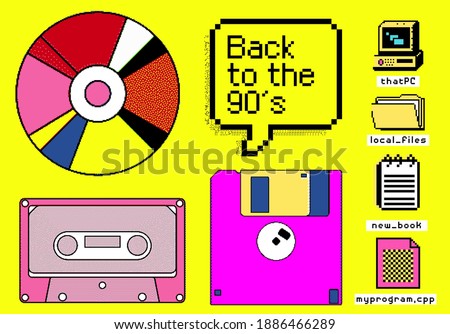 Set of clipart elements with retro obsolete things: floppy disk, music CD and cassette, etc. Vector illustrations in pixel art style.