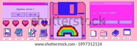 Set of clipart elements with retro obsolete things: floppy disk, user interface icons, etc. Trendy modern fashion patch or sticker set in pixel art style like in old arcade video games of the 80s.