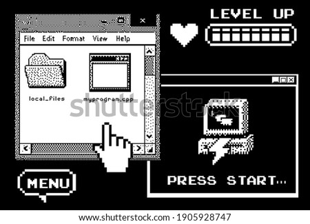 Retro user interface in bitmap pixel art style. A vintage computer screen with programs and dialog boxes in the mood of 90's vaporwave aesthetics.