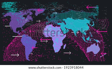 Map of the World in pixel art style. Retrofuturistic cyberpunk user interface, sci-fi hacker UI.