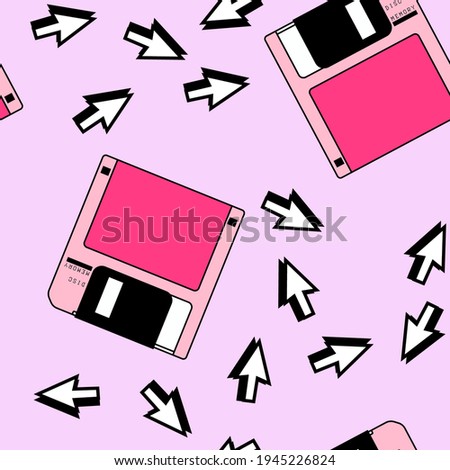Seamless pattern with colorful floppy disk  in vaporwave 90's retro style. Vector illustration for textile fabric print.