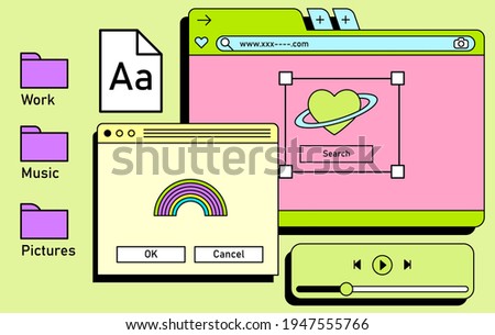 Retro vaporwave desktop with message boxes and user interface elements. A conceptual illustration of website and application programming.
