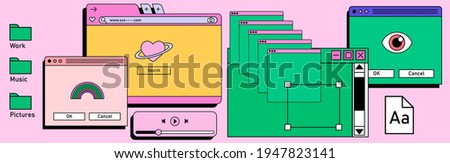 Retro vaporwave desktop with message boxes and user interface elements. A conceptual illustration of website and application programming.
