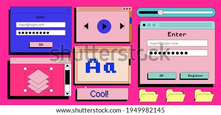 Set of retro user interface tabs and icons. Screen panels and dialog boxes of computer software.