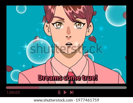 A brunette young man in cartoon style. Flower petals fall in front of him. Concept of anime with subtitles.