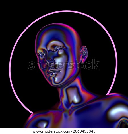 Mysterious artificial human with a halo. Concept of the humanoid robot. 3D illustration.