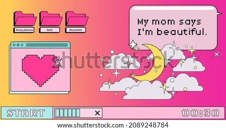 Composition of user interface elements, retro operating system with message boxes and folders. Cute vaporwave style vector illustration.