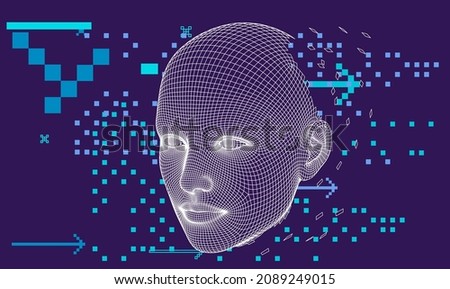Polygonal 3D wireframe model of a human head made of triangular particles. Conceptual illustration of Artificial intelligence and Neural Network.