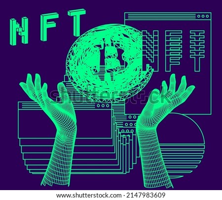 Computer screen with of user interface elements and bitcoin sign. Conceptual illustration of the NFT or Non-fungible token.