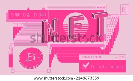 Computer screen with of user interface elements and bitcoin sign. Conceptual illustration of the NFT or Non-fungible token.