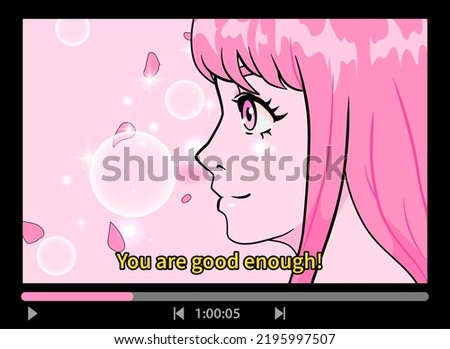 Anime character with pink hair and big sparkling eyes. Manga girl design.