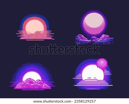 A set of 8-bit pixel art icons of moon in retrowave and synthwave style.