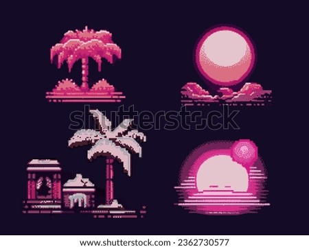 Pixel art video game asset with palm tree and moon icons. Retro 8-bit style vector elements for icon, logotype or print design.