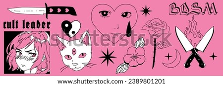 Tattoo Y2k style stickers with illustrations of anime girls, flame, rose flower, knives, heart and other elements in trendy 1990s-2000s style.