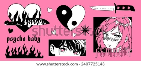 Tattoo Y2k style stickers. Anime girls, fire flames, hearts and other elements in trendy 1990s, 2000s style. Vector hand drawn print in black and white colors.