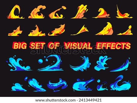 Big set of visual vector cartoon effects of splash of liquid or smoke and fire, perfect for animation design, illustration, carton, anime, CG game art, tactical design, etc.