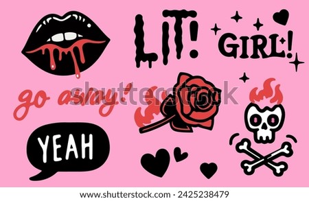 Trendy girlish gothic stickers with lips, hearts, skulls and handwritten short phrases. Set of vector simple illustrations in cartoon style of 80s - 90s on pink background.