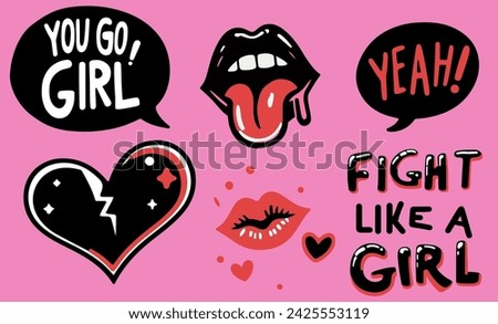 Trendy girlish gothic stickers with lips, hearts and handwritten motivational short phrases like 