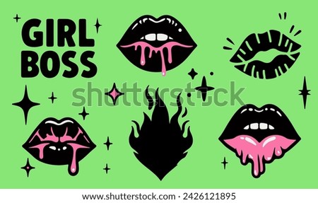 Trendy girlish gothic stickers with lips, fire flames and handwritten phrase 