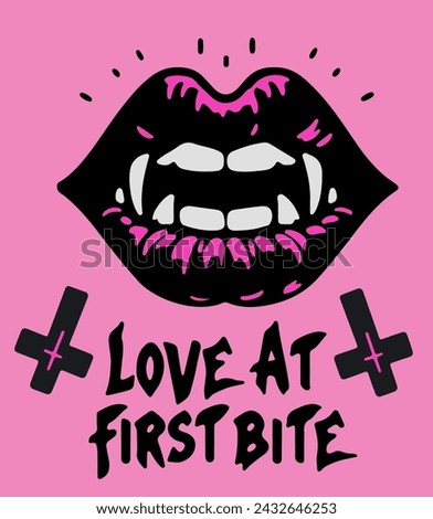 Black vampire lips on a pink background with a hand-drawn 