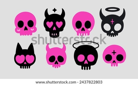 Set of skull illustrations in black and pink for transfer tattoos and stickers.