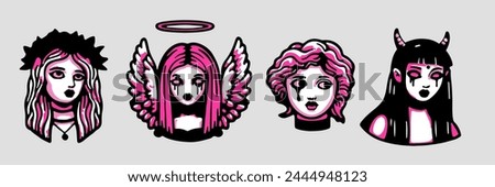 Set of cartoon gothic girls stickers or patches. Vector illustration in tattoo simple style.